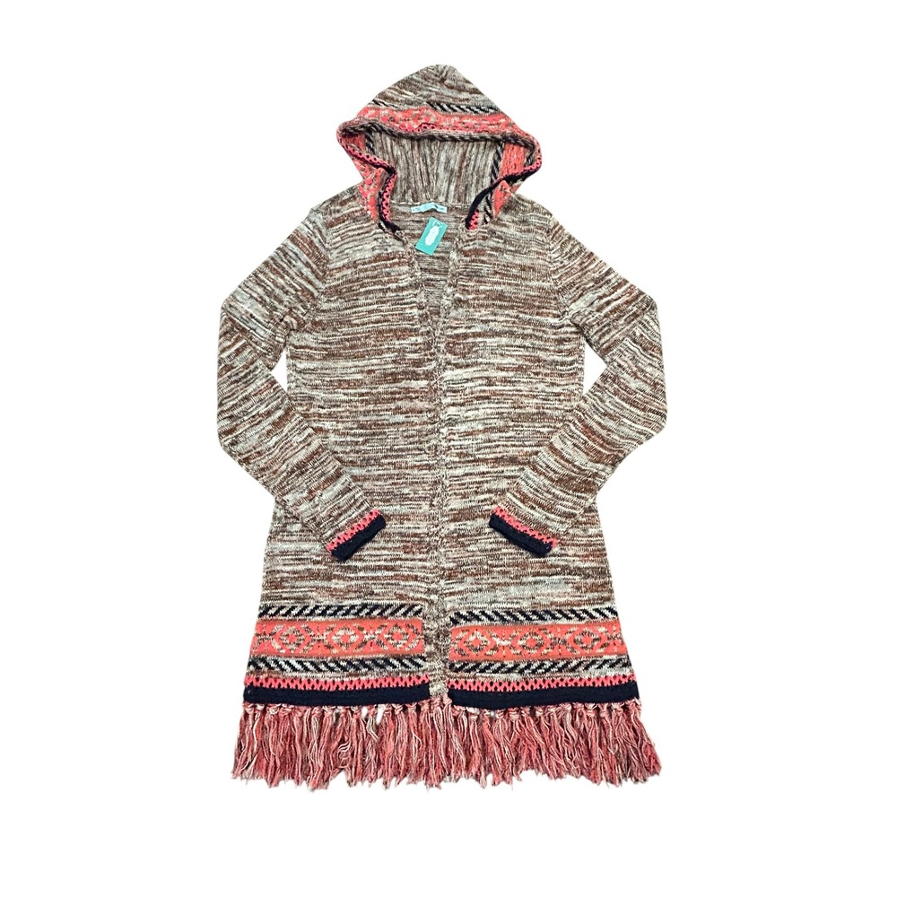 Maurices Hooded Southwestern Cardigan Boho Western Fringe Marled Knit Sweater